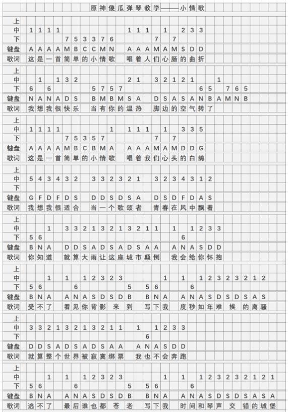 《原神》小情歌琴谱简谱图片分享